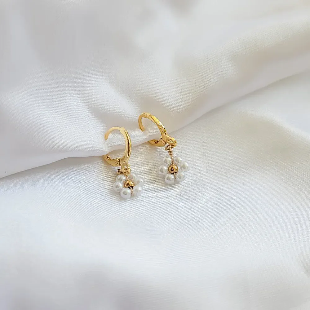5/$25 Tiny Pearl Flower Huggie Hoop Earrings - Picture 3 of 6